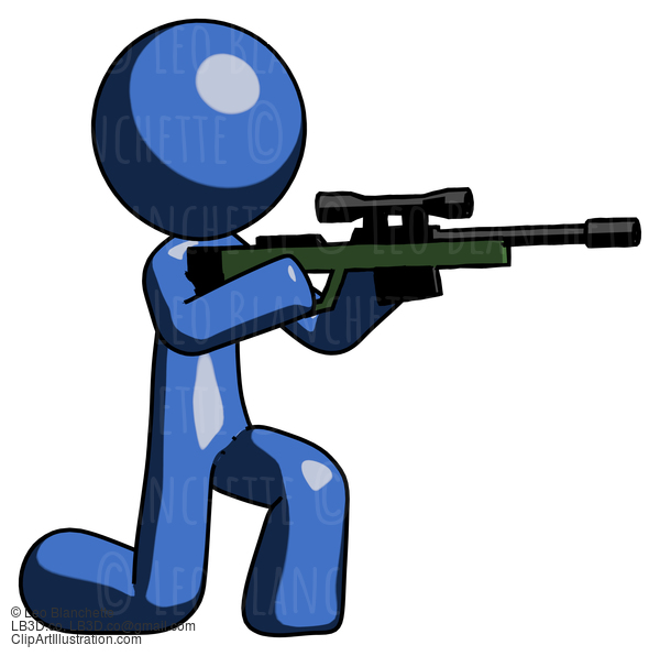 Blue Design Mascot Man Kneeling Shooting Sniper Rifle #11357