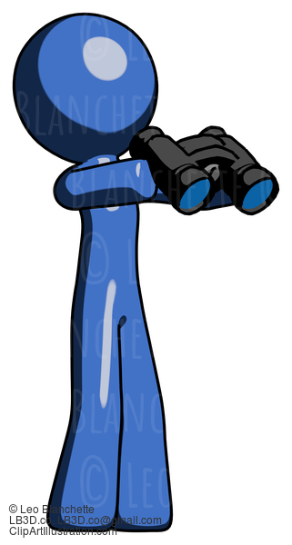 Blue Design Mascot Man Holding Binoculars Ready To Look Right #11358