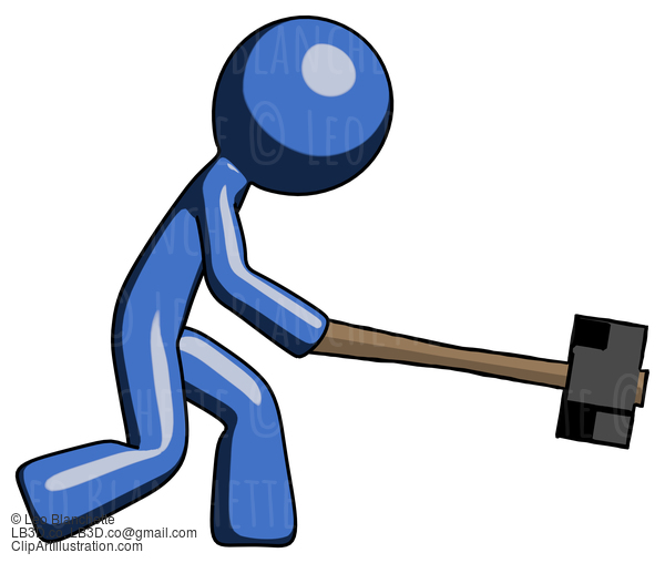 Blue Design Mascot Man Hitting With Sledgehammer, Or Smashing Something #11360