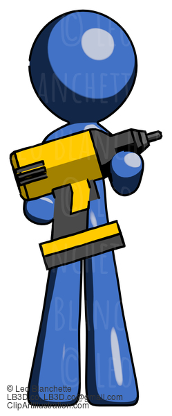 Blue Design Mascot Man Holding Large Drill #11361