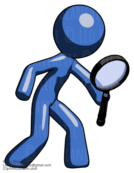 Blue Design Mascot Man Inspecting With Large Magnifying Glass Right #11362