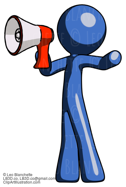 Blue Design Mascot Man Shouting Into Megaphone Bullhorn Facing Left #11365