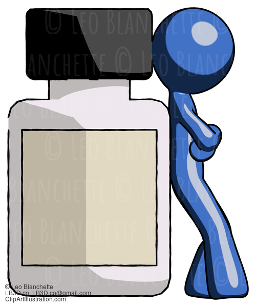 Blue Design Mascot Man Leaning Against Large Medicine Bottle #11366