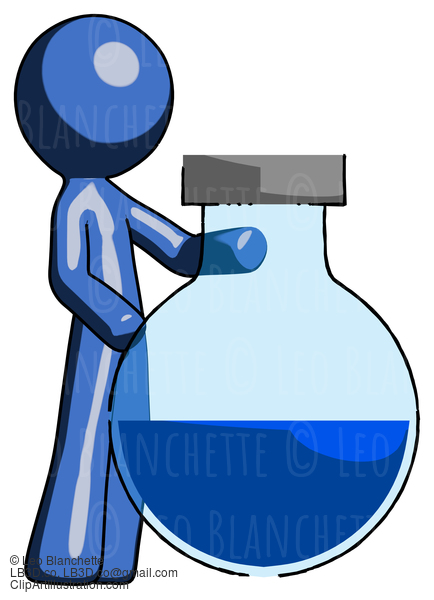 Blue Design Mascot Man Standing Beside Large Round Flask Or Beaker #11370