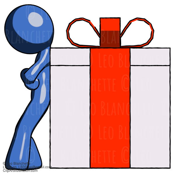 Blue Design Mascot Man Gift Concept - Leaning Against Large Present #11372