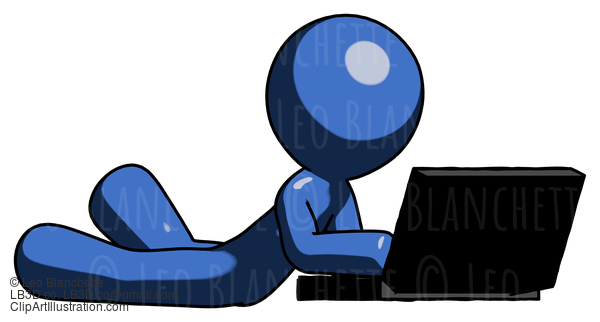 Blue Design Mascot Man Using Laptop Computer While Lying On Floor Side Angled View #11374