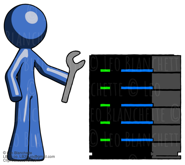 Blue Design Mascot Man Server Administrator Doing Repairs #11377