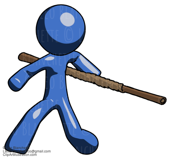 Blue Design Mascot Man Bo Staff Action Hero Kung Fu Pose #11378