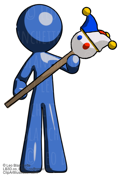 Blue Design Mascot Man Holding Jester Diagonally #11380