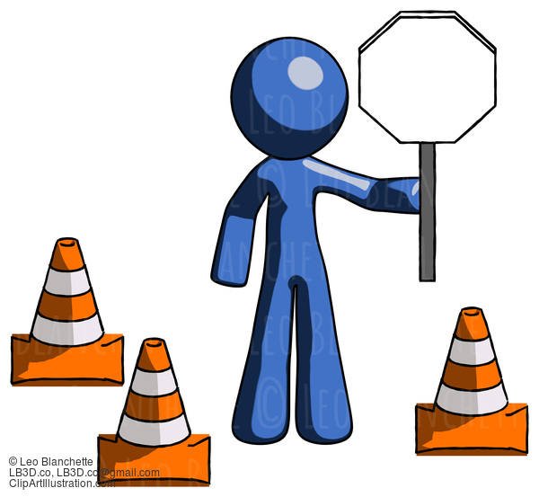 Blue Design Mascot Man Holding Stop Sign By Traffic Cones Under Construction Concept #11381