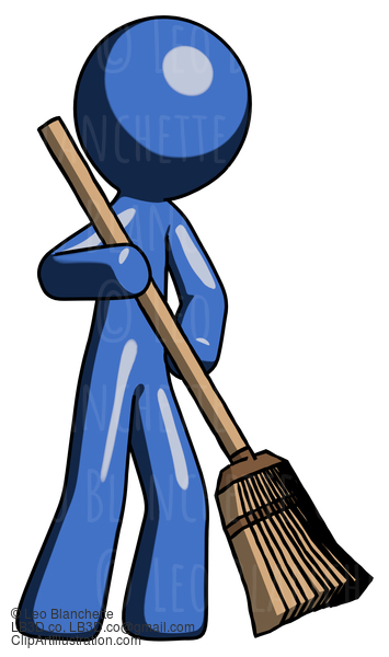 Blue Design Mascot Man Sweeping Area With Broom #11386