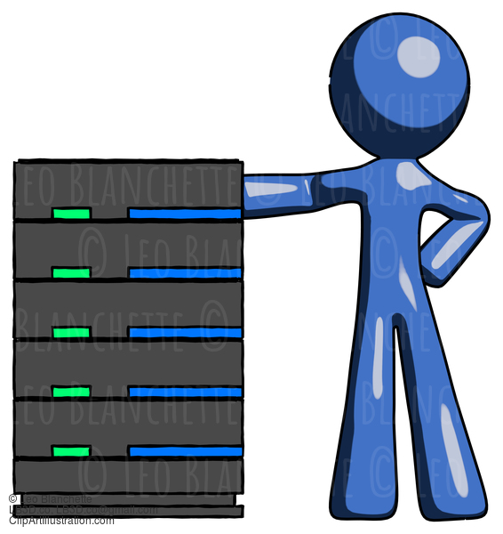 Blue Design Mascot Man With Server Rack Leaning Confidently Against It #11387