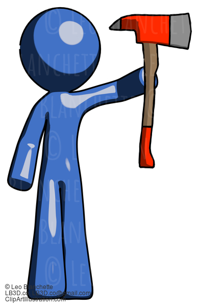 Blue Design Mascot Man Holding Up Red Firefighter’S Ax #11389