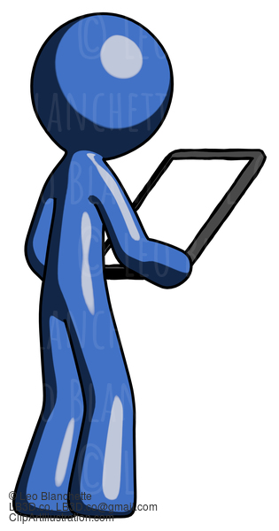 Blue Design Mascot Man Looking At Tablet Device Computer Facing Away #11390