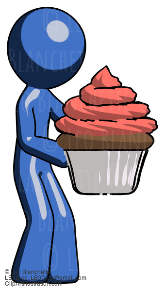 Blue Design Mascot Man Holding Large Cupcake Ready To Eat Or Serve #11393