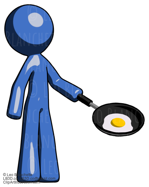 Blue Design Mascot Man Frying Egg In Pan Or Wok Facing Right #11394