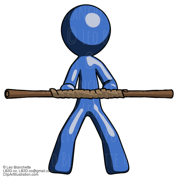 Blue Design Mascot Man Bo Staff Kung Fu Defense Pose #11399