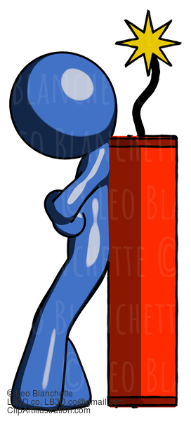 Blue Design Mascot Man Leaning Against Dynimate, Large Stick Ready To Blow #11400