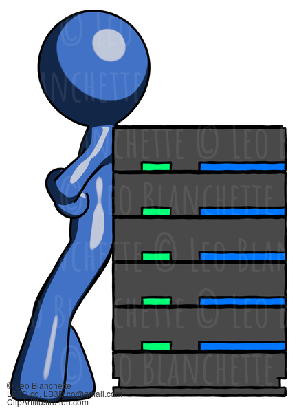 Blue Design Mascot Man Resting Against Server Rack #11401