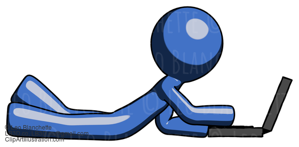 Blue Design Mascot Man Using Laptop Computer While Lying On Floor Side View #11402