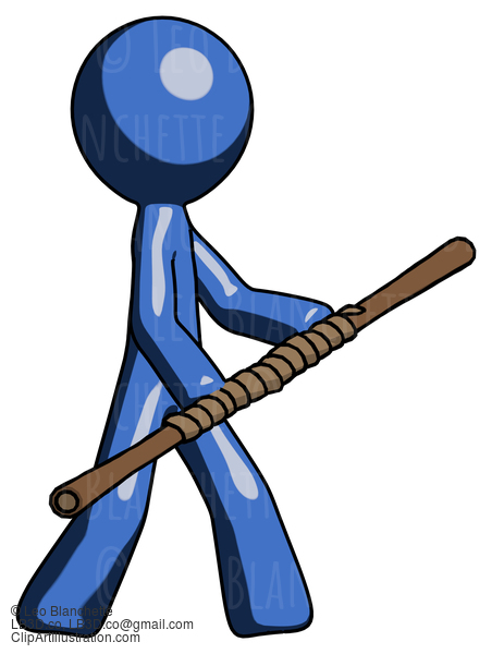 Blue Design Mascot Man Holding Bo Staff In Sideways Defense Pose #11405