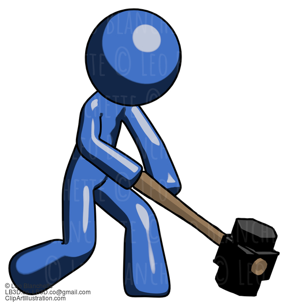 Blue Design Mascot Man Hitting With Sledgehammer, Or Smashing Something At Angle #11407