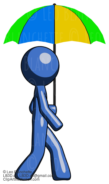 Blue Design Mascot Man Walking With Colored Umbrella #11408