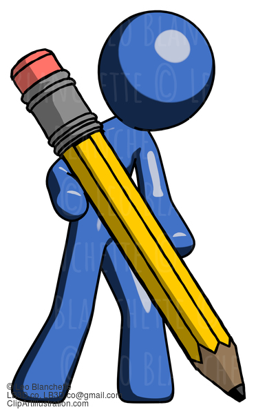 Blue Design Mascot Man Writing With Large Pencil #11412