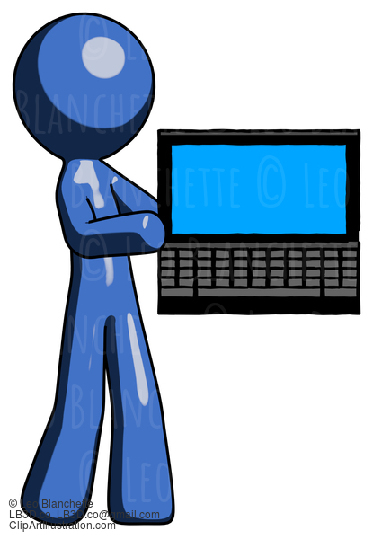 Blue Design Mascot Man Holding Laptop Computer Presenting Something On Screen #11415