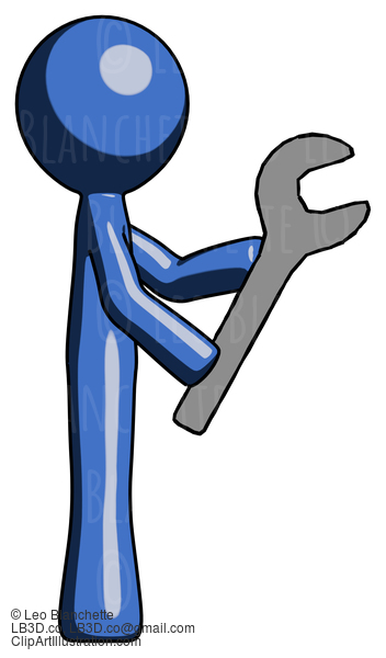 Blue Design Mascot Man Using Wrench Adjusting Something To Right #11416