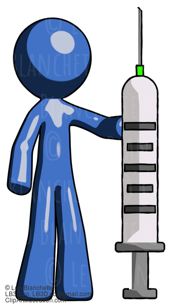 Blue Design Mascot Man Holding Large Syringe #11417