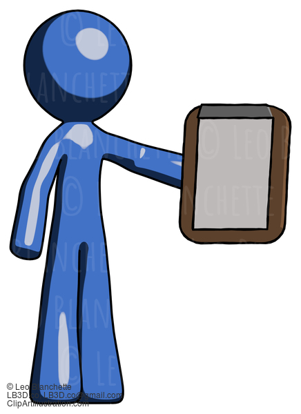 Blue Design Mascot Man Showing Clipboard To Viewer #11419