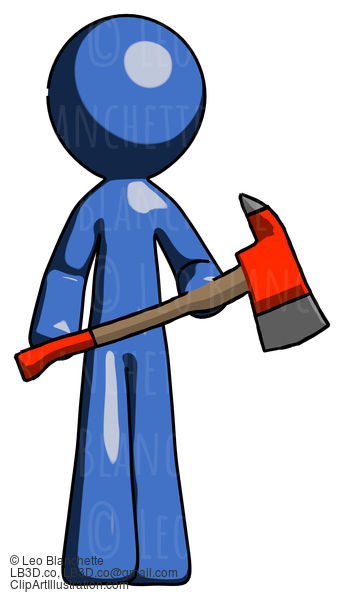 Blue Design Mascot Man Holding Red Fire Fighter’S Ax #11425