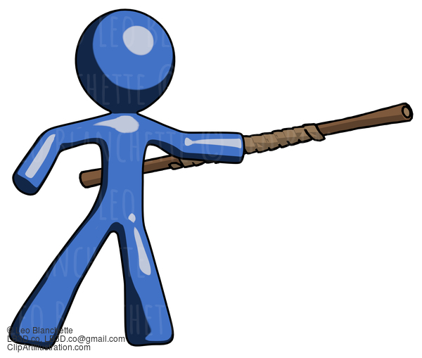 Blue Design Mascot Man Bo Staff Pointing Right Kung Fu Pose #11426