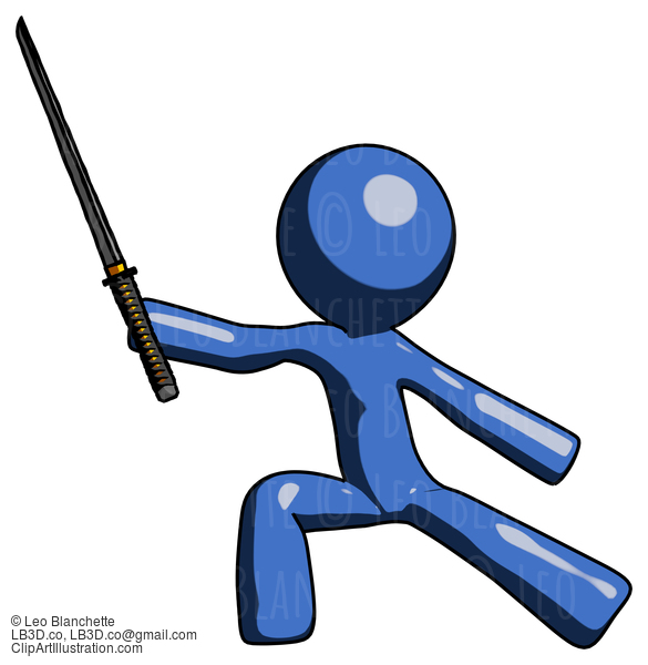 Blue Design Mascot Man With Ninja Sword Katana In Defense Pose #11428