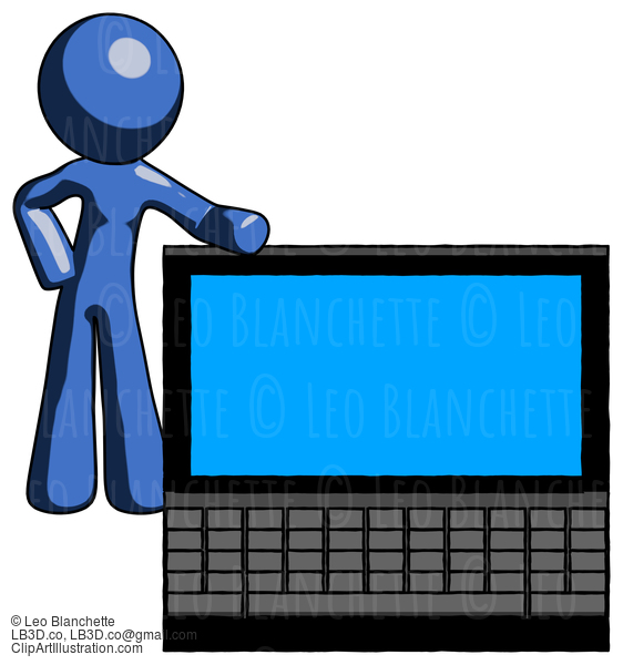 Blue Design Mascot Man Beside Large Laptop Computer, Leaning Against It #11429