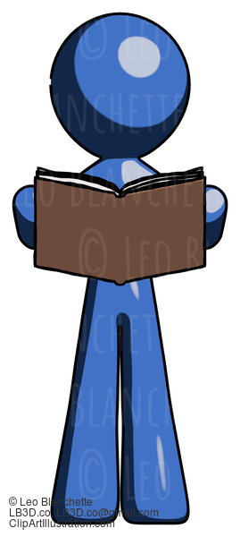 Blue Design Mascot Man Reading Book While Standing Up Facing Viewer #11430