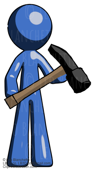 Blue Design Mascot Man Holding Hammer Ready To Work #11433