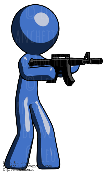 Blue Design Mascot Man Shooting Automatic Assault Weapon #11434