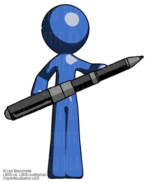 Blue Design Mascot Man Posing Confidently With Giant Pen #11435