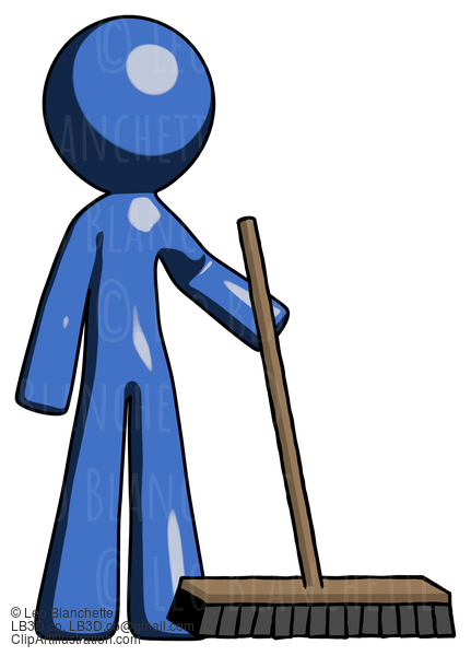 Blue Design Mascot Man Standing With Industrial Broom #11436