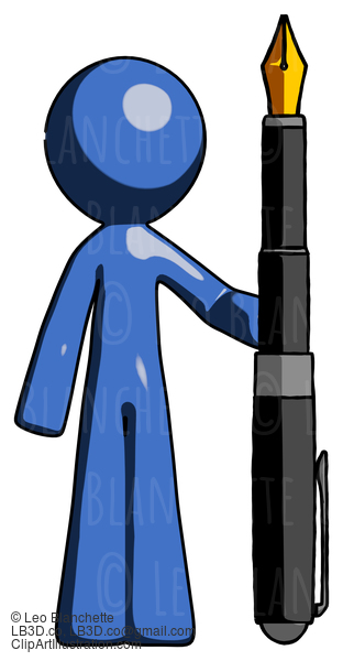 Blue Design Mascot Man Holding Giant Calligraphy Pen #11438