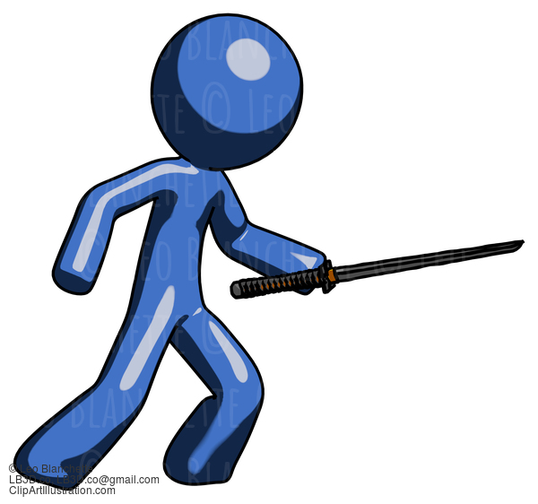 Blue Design Mascot Man Stabbing With Ninja Sword Katana #11440