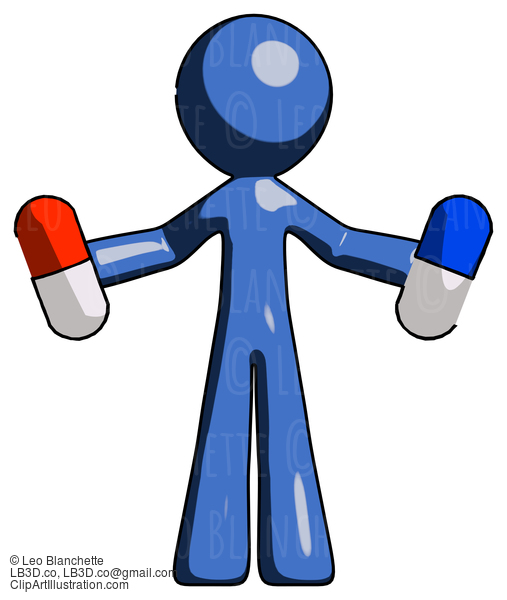 Blue Design Mascot Man Holding A Red Pill And Blue Pill #11444