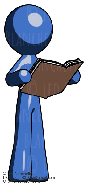 Blue Design Mascot Man Reading Book While Standing Up Facing Away #11445