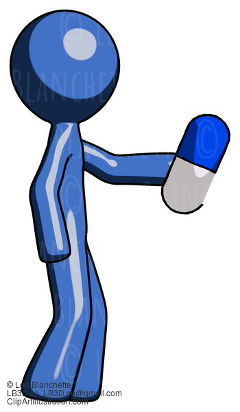 Blue Design Mascot Man Holding Blue Pill Walking To Right #11448