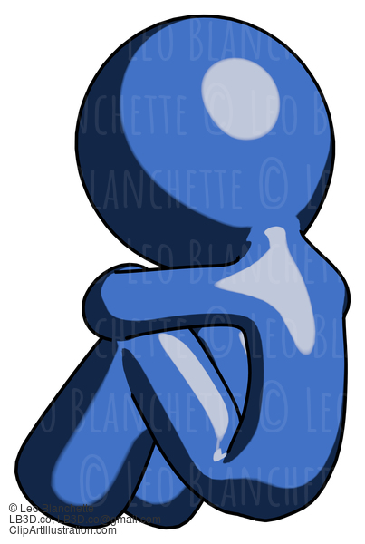 Blue Design Mascot Man Sitting With Head Down Back View Facing Left #11449