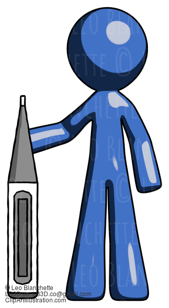 Blue Design Mascot Man Standing With Large Thermometer #11450