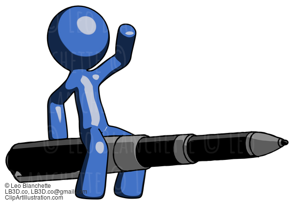 Blue Design Mascot Man Riding A Pen Like A Giant Rocket #11456