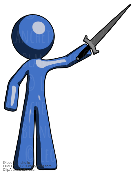 Blue Design Mascot Man Holding Sword In The Air Victoriously #11457